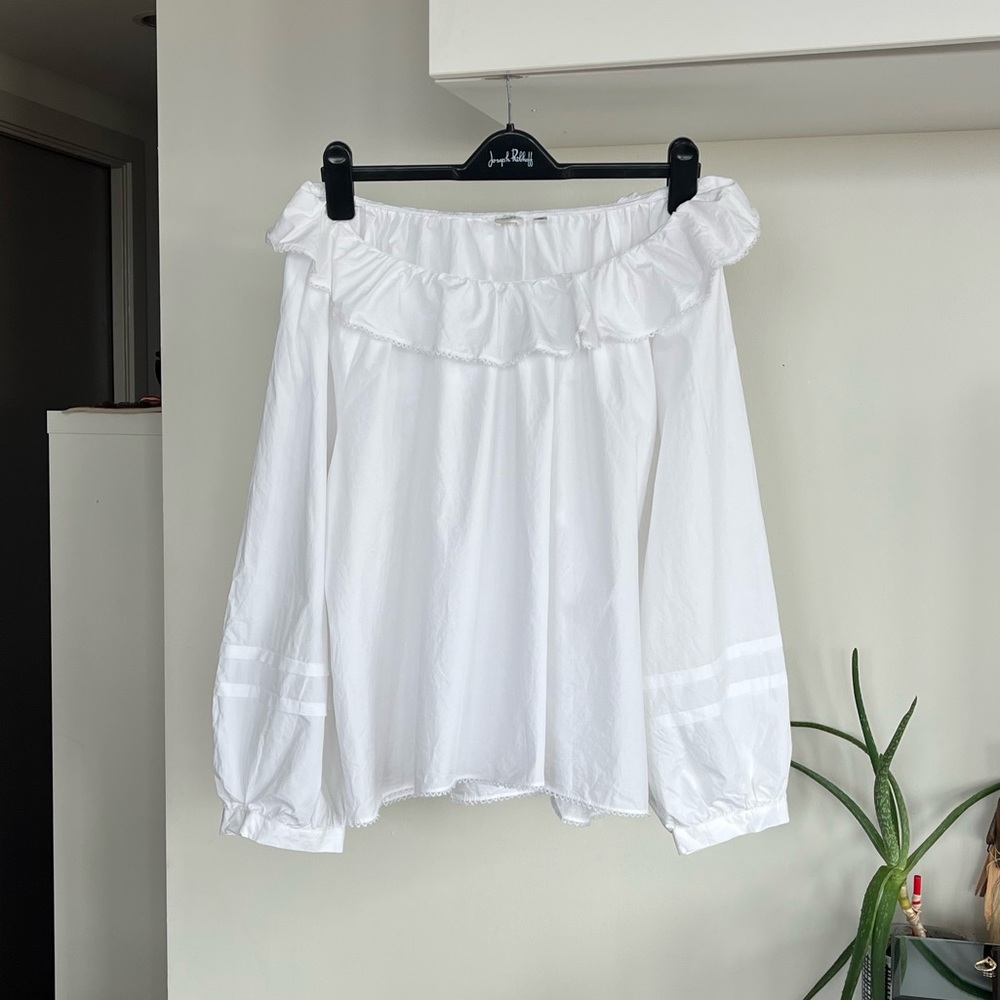 Aritzia Wilfred Verbena Poplin White Cotton Ruffle Boho Casual Relaxed Blouse L - Picture 9 of 17